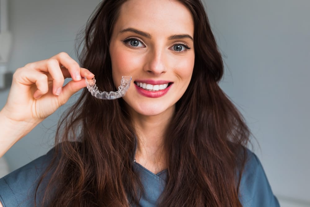 A young woman holds a Byte clear aligner